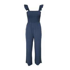Lulu’s Smocked Jumpsuit Ruffle Sleeve Navy Blue